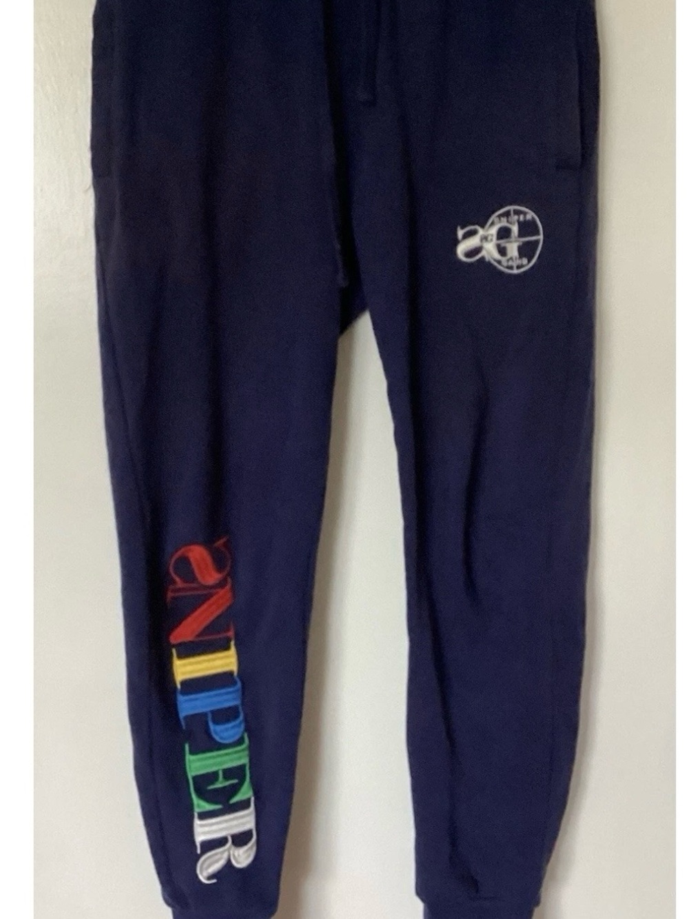Sniper Gang Apparel Men’s Navy Multicolor Embroidered Logo  Joggers Size M
